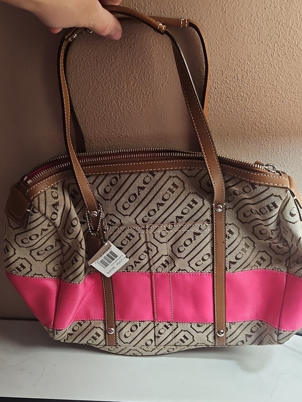 Coach Signature Canvas Tote with Hot Pink Accent and Brown Leather
